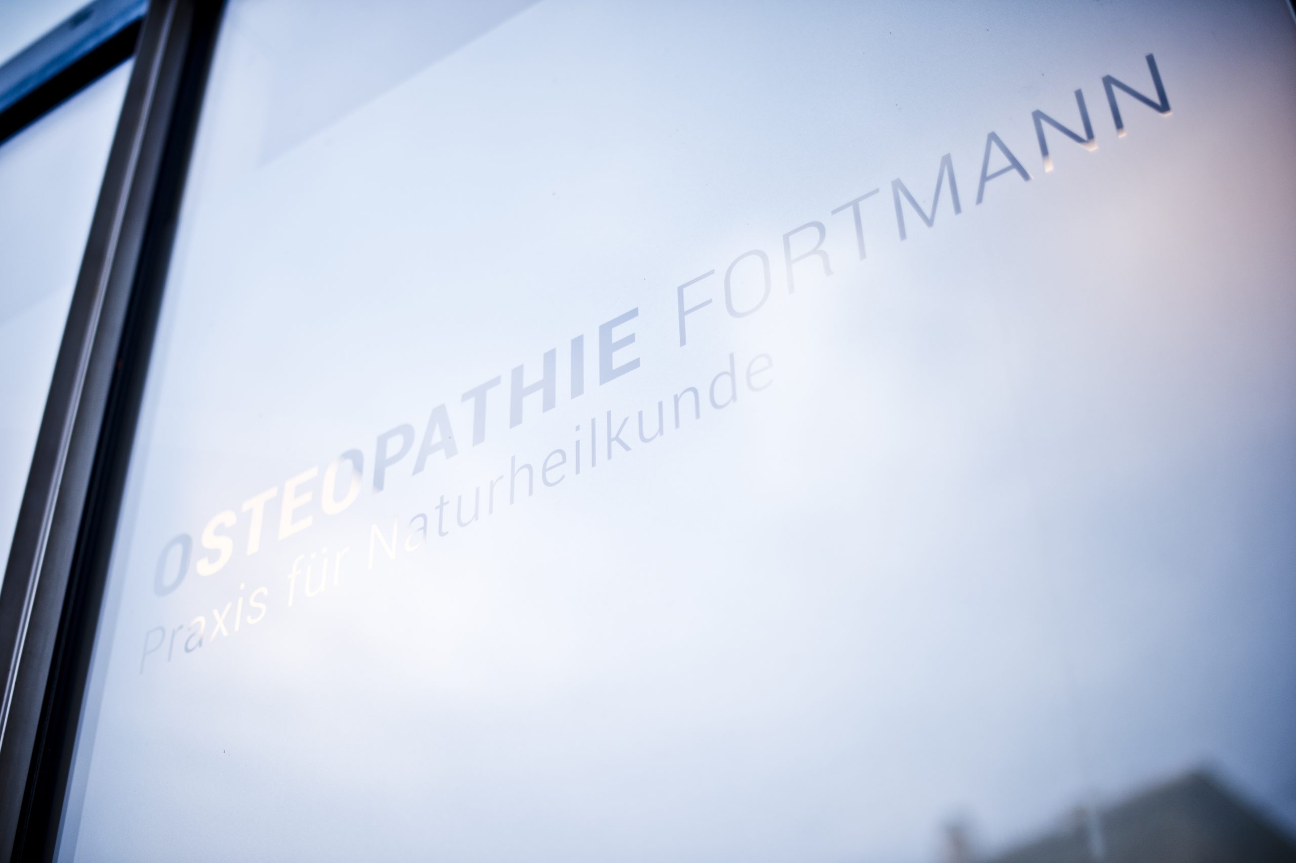 Eingangstür mit Logo von Osteopathie Lukas Fortmann Praxis für Naturheilkunde